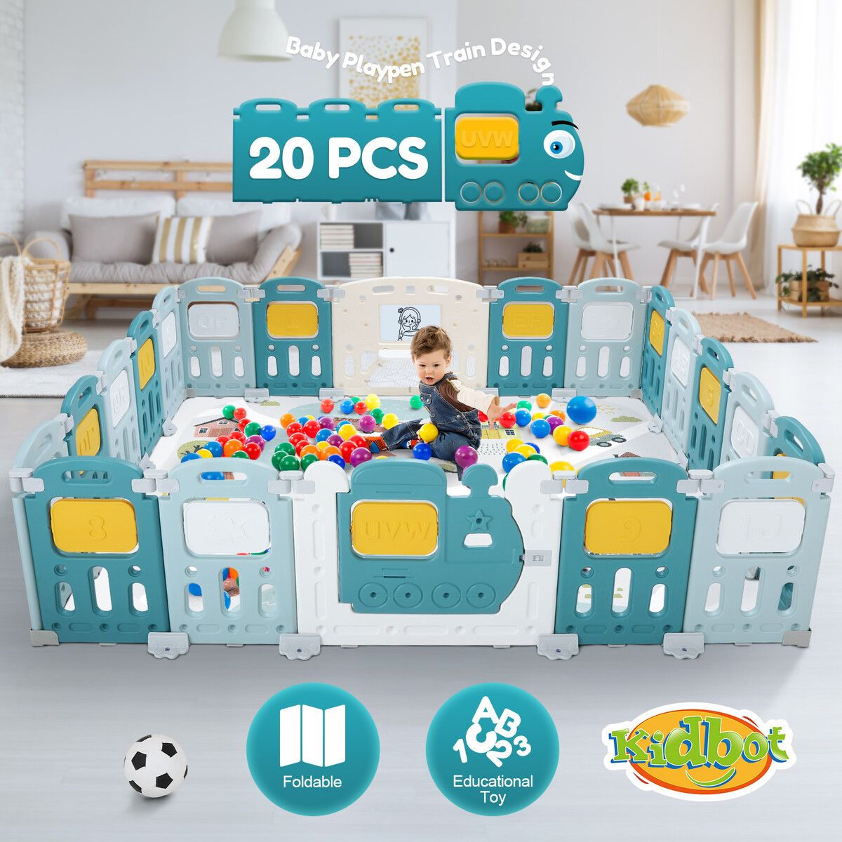 Baby Playpen 20 Panels Safe Fence Kids Enclosure Kidbot Activity Centre Safety Barrier Foldable Gate Play Yard Train Design