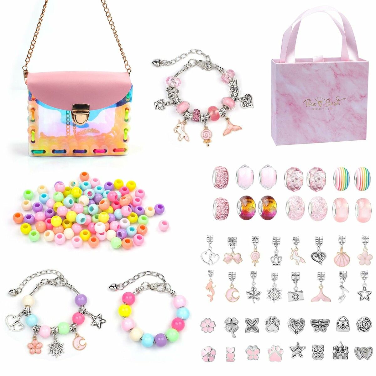 158pcs Kids Purse Making Kit Birthday Charm Bracelet Making Kit,Making Your Own Fashion Handbag/Bracelets Party Favors Gifts Crafts for Girls