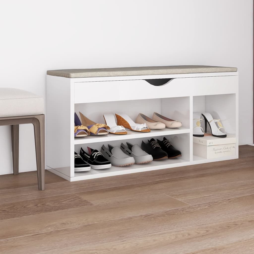 Shoe Bench with Cushion High Gloss White 104x30x49 cm Engineered Wood