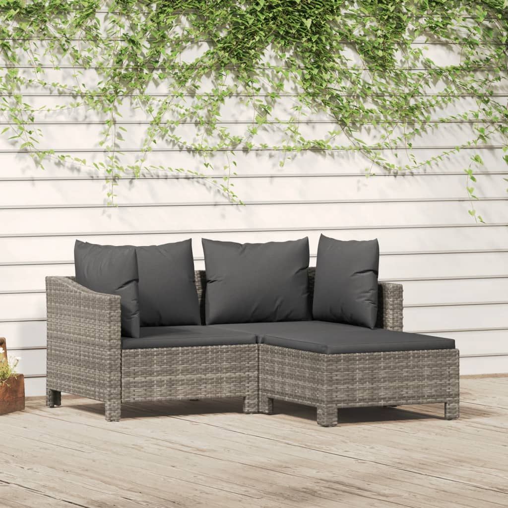 3 Piece Garden Lounge Set with Cushions Grey Poly Rattan