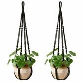 Macrame Plant Hanger Indoor Hanging Planter Basket with Wood Beads Decorative Flower Pot Holder No Tassels for Indoor Outdoor Boho Home Decor 90cm/35Inch,Black,2Pack (POTS NOT Included)