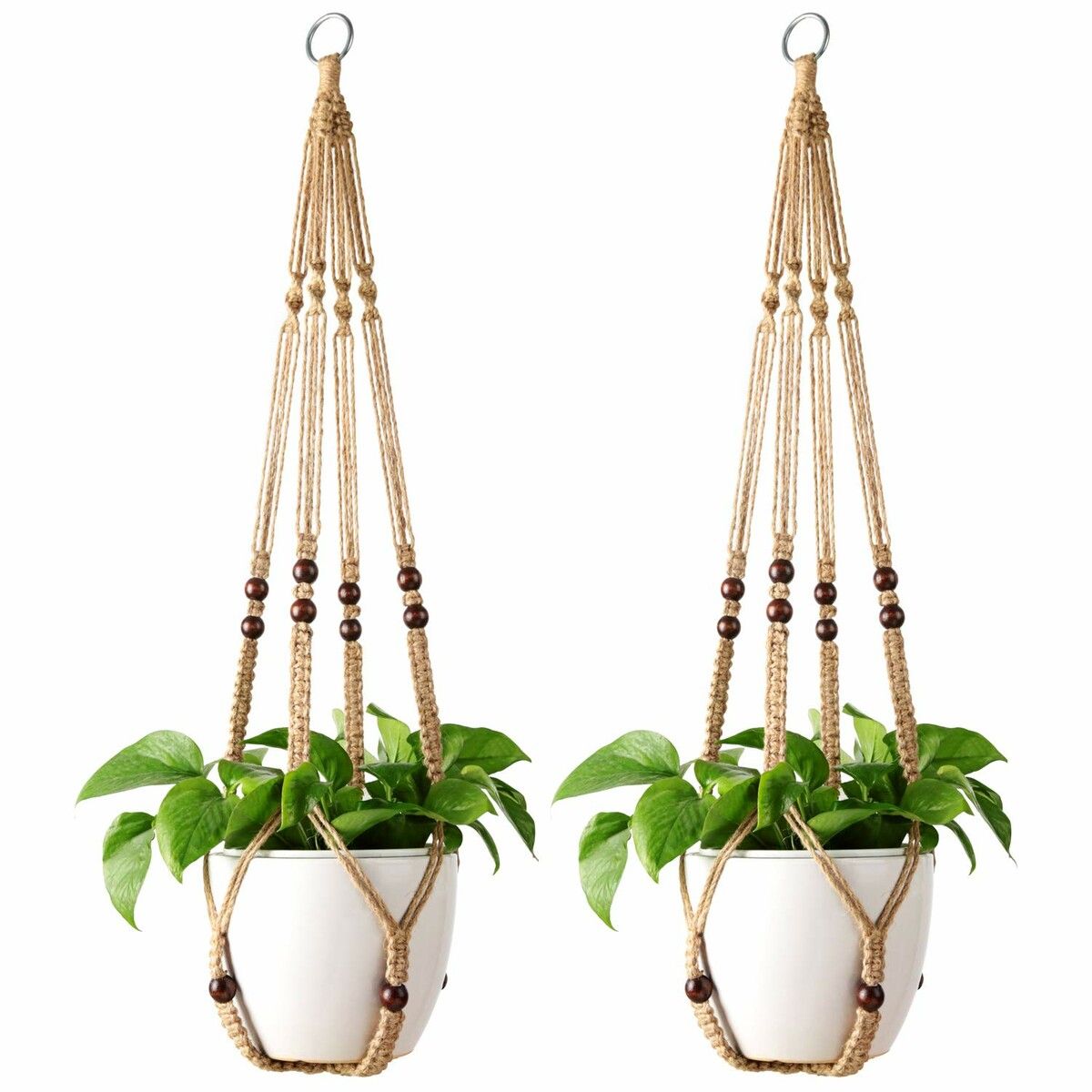 Macrame Plant Hanger Indoor Hanging Planter Basket with Wood Beads Decorative Flower Pot Holder No Tassels for Indoor Outdoor Boho Home Decor 90cm/35Inch,Brown,2Pack (POTS NOT Included)