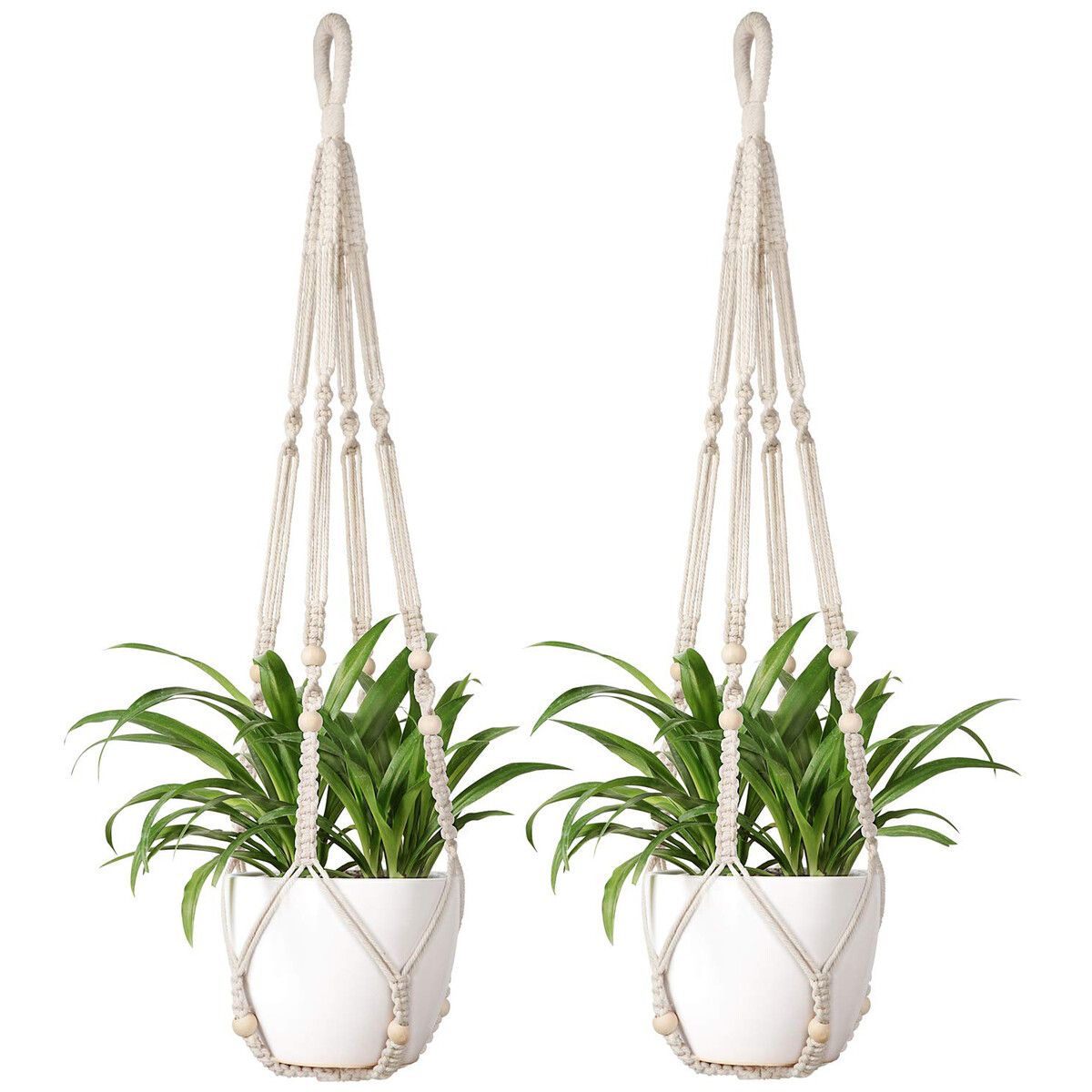 Macrame Plant Hanger Indoor Hanging Planter Basket with Wood Beads Decorative Flower Pot Holder No Tassels for Indoor Outdoor Boho Home Decor 90cm/35Inch,Ivory,2Pack (POTS NOT Included)