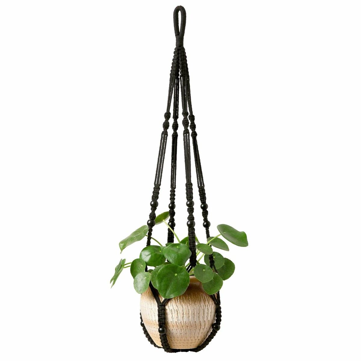 Macrame Plant Hanger Indoor Hanging Planter Basket with Wood Beads Decorative Flower Pot Holder No Tassels for Indoor Outdoor Boho Home Decor 90cm/35Inch,Black,1pcs (POTS NOT Included)