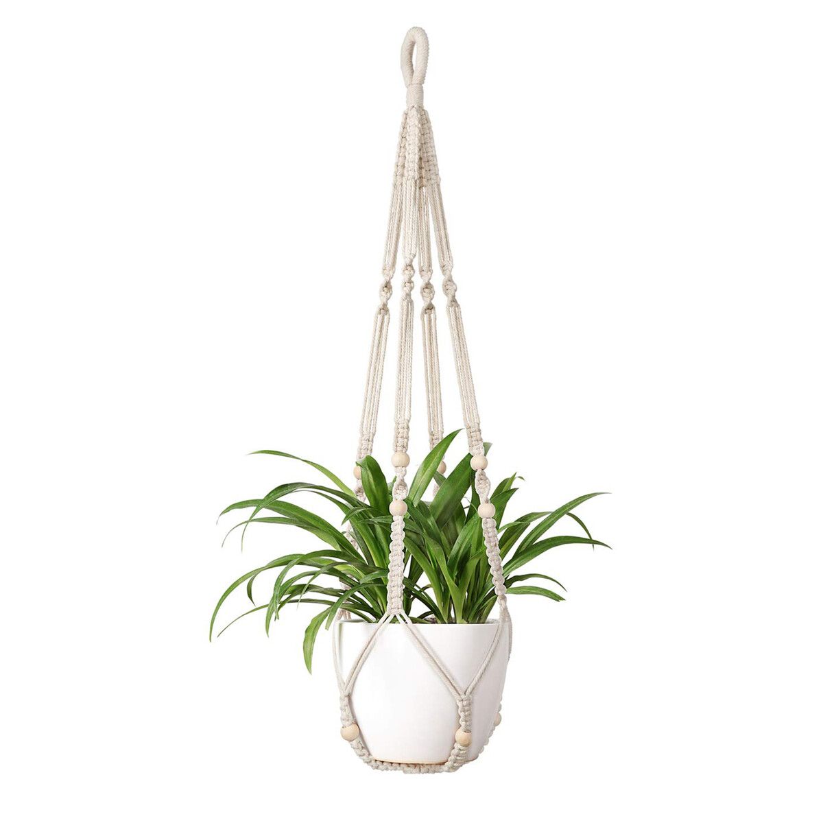 Macrame Plant Hanger Indoor Hanging Planter Basket with Wood Beads Decorative Flower Pot Holder No Tassels for Indoor Outdoor Boho Home Decor 90cm/35Inch,Ivory,1pcs (POTS NOT Included)