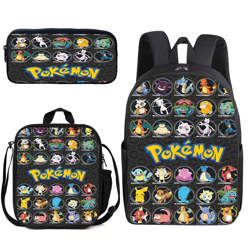 Pokemon Schoolbag Cartoon Cute Pikachu Primary School Student Backpack+Shoulder Bag+Pencil Case