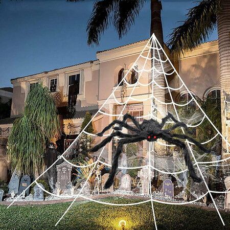 Halloween Decorations Outdoor Halloween Spider Web Decor Scary Giant Spider 100 Small Spiders Stretch Spider Webs for Outside Yard Party