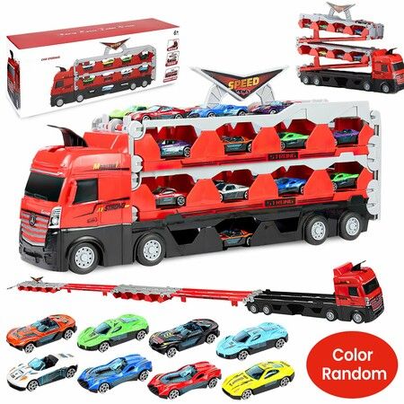 Truck with Ejection Race Track, Big Truck Folding Storage Race Track Deformation Catapult Truck,Car Transporter Truck Toy Set Birthday Gift Kids Boys With 8 Cars