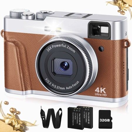 Upgraded 4K Digital Camera with Viewfinder Flash & Dial,48MP Digital Camera for Photography and Video Autofocus Anti-Shake,Travel Portable Camera with SD Card 2 Batteries,16X Zoom Vlogging Camera