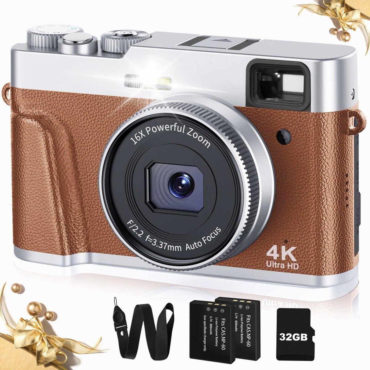 Upgraded 4K Digital Camera with Viewfinder Flash & Dial,48MP Digital Camera for Photography and Video Autofocus Anti-Shake,Travel Portable Camera with SD Card 2 Batteries,16X Zoom Vlogging Camera