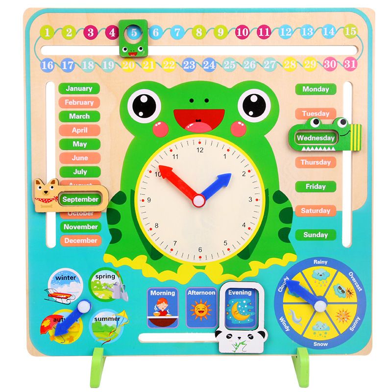 7in1 Montessori Educational Learning Toys, Kids Calendar Multifunctional Wooden Frog Teaching Clock, Weather, Season, Time, Week Toys for Kids 3+