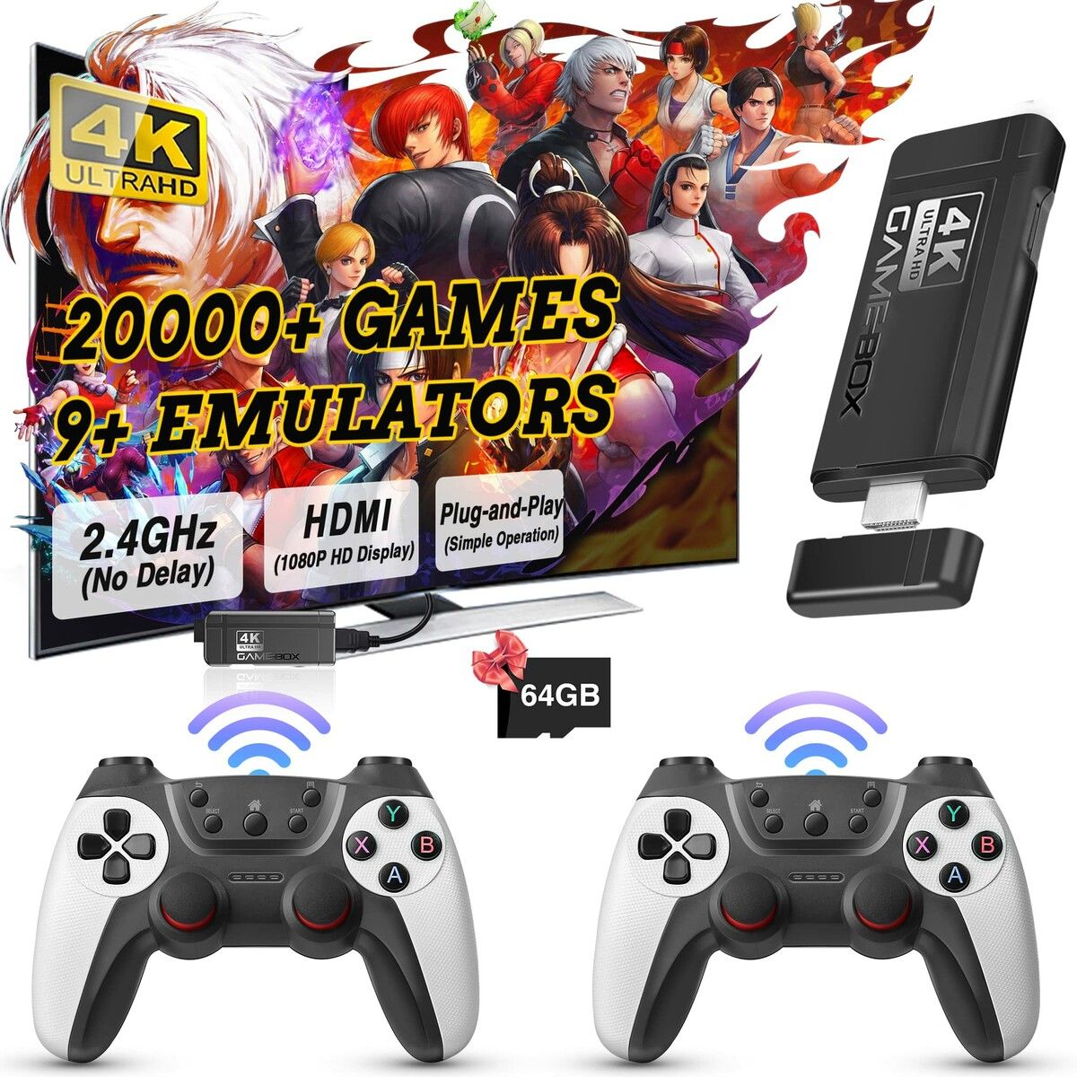 Wireless Retro Game Console, Equipped with 64G TF Card Plug and Play 4K 20000+ Games Built-in, 9 Classic Emulators, with Dual 2.4G Wireless Controllers