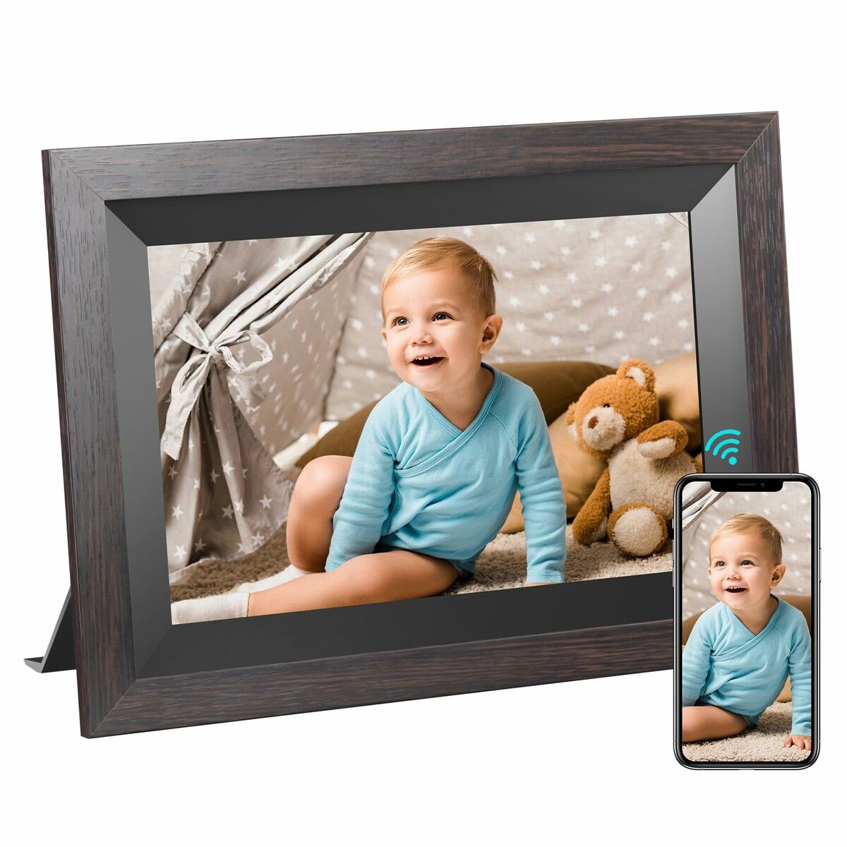 10.1 Inch Smart WiFi Digital Photo Frame 1280x800 IPS LCD Touch Screen,Auto-Rotate Portrait and Landscape,Built in 16GB Memory,Share Moments Instantly via Frameo App from Anywhere (All Black Wooden Frame)