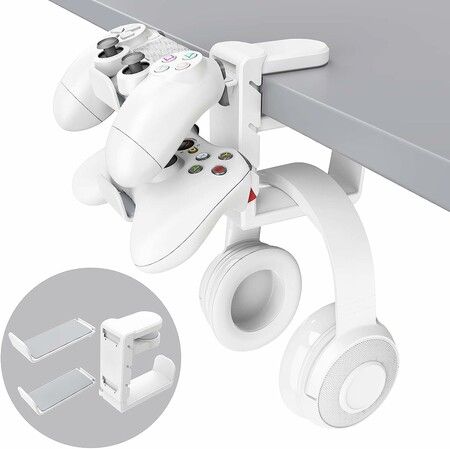 PC Gaming Headset Headphone Hook Holder Hanger Mount, Headphones Stand with Adjustable and Rotating Arm Clamp (White)
