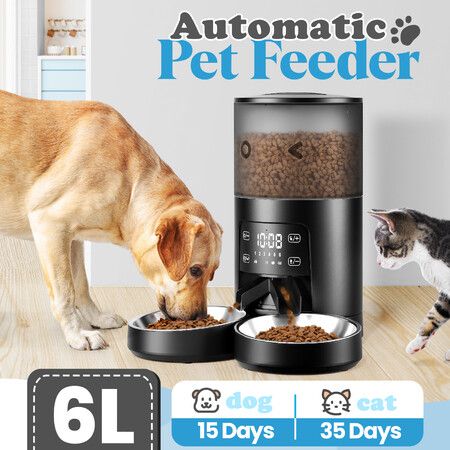 6L Automatic Pet Feeder Auto Timed Dog Cat Dry Food Dispenser Smart Puppy Feeding 2 Way Splitter 2 Bowls Touch Screen Voice Recorder