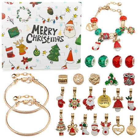 24 Days Christmas Gift Countdown Calendar Gifts,DIY Jewelry Making Kit,2 Charm Bracelets 22 Beads Making Kit for Kids Teens Adult Women(Gold)