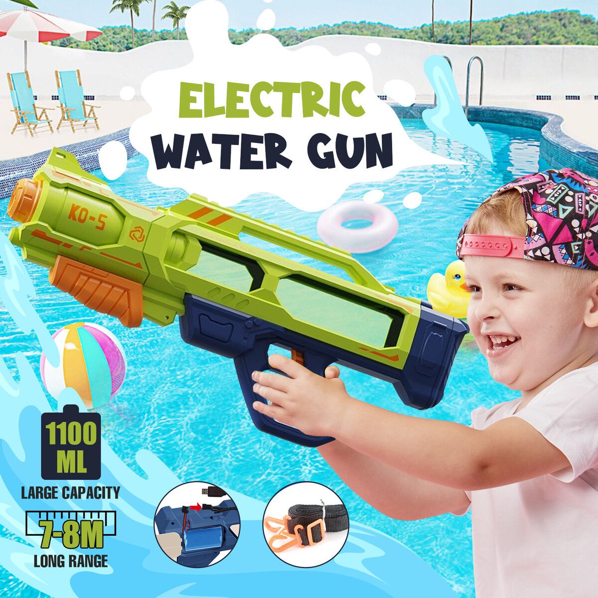 Electric Water Gun Soaker Squirt High Capacity 1100ml Automatic Gift for Kid Adults Pool Party Beach Outdoor Green