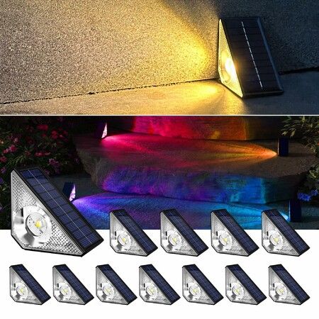 Solar Step Lights Waterproof LED,Warm White & RGB Color Changing Deck Lights Solar Powered,Triangle-Shaped Solar Stair Lights for Outside Patio Decor,Decks,Porch,Backyard,Yard (12 Pack)