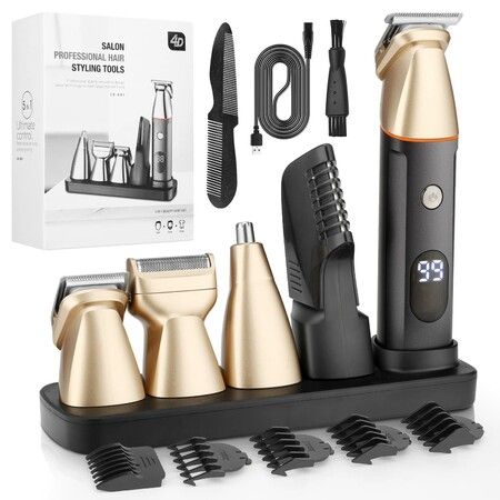 Mens Beard Trimmer 5 in 1 Cordless Hair Trimmer Kit Waterproof Electric Nose Hair Trimmer Body Shaver Grooming Kit LED Display