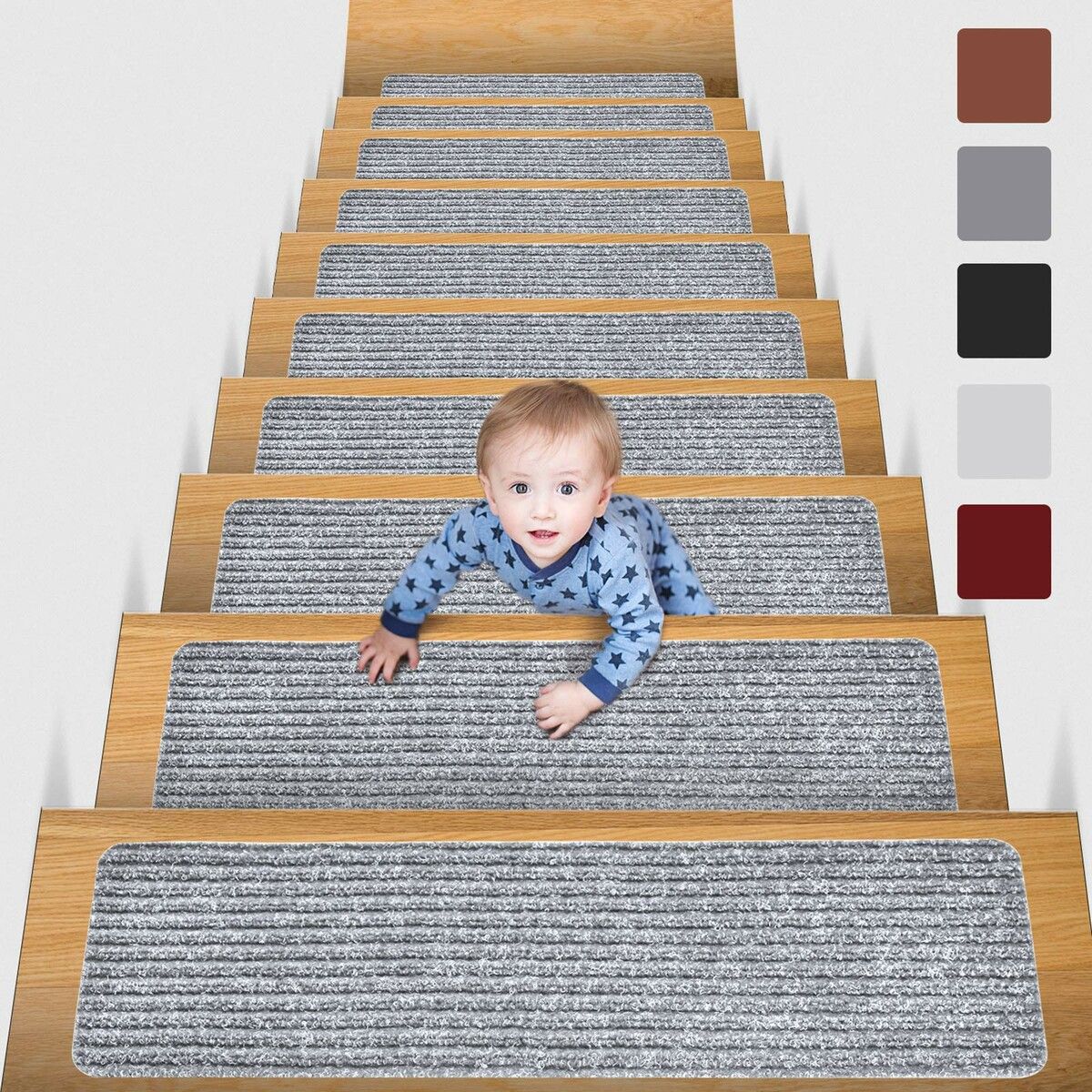 3pcs 76x20cm Non-Slip PVC Carpet Stair Treads for Wooden Steps Non-Skid Safety Rug Slip Resistant  Kids Elders and Pets with Reusable Adhesive