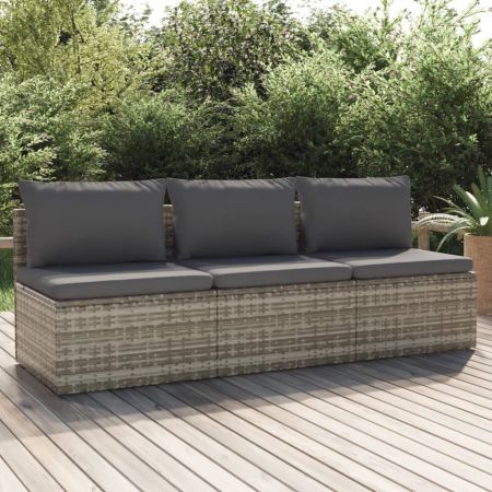 3-Seater Garden Sofa with Cushions Grey Poly Rattan