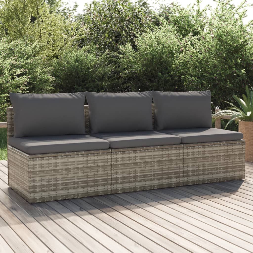 3-Seater Garden Sofa with Cushions Grey Poly Rattan