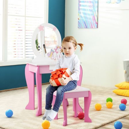 Kids Vanity Table and Chair Set with Mirror & Stool