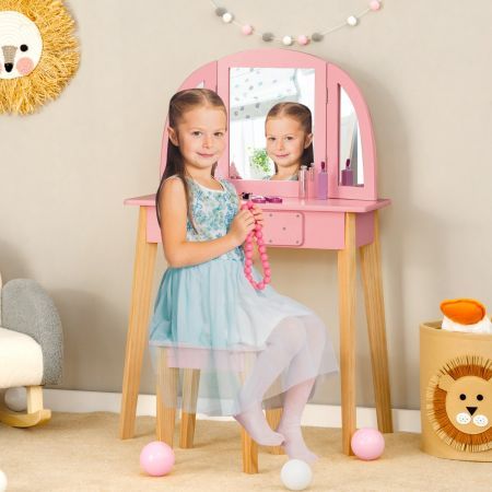 2-in-1 kid's Vanity Set with Tri-folding Mirror for Girls Aged 3 - 7 Years Old