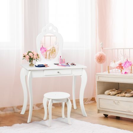Kids Vanity Table and Chair Set with Drawer and Mirror