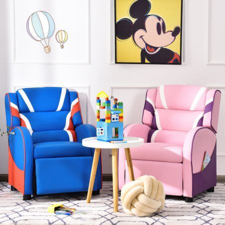 Ergonomic Sofa Lounge Recliner with Adjustable Backrest & Storage Pocket for Kids Blue & Pink