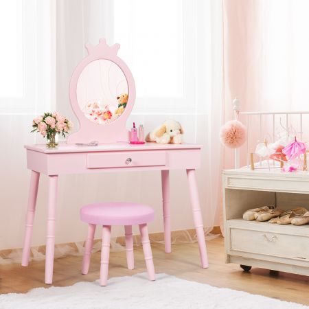 Vanity Makeup Table Set with Real Mirror for Little Girls
