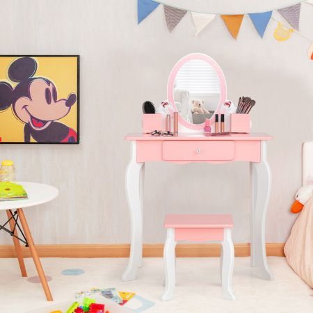 2-in-1 Kids Vanity Table and Stool Set with Mirror
