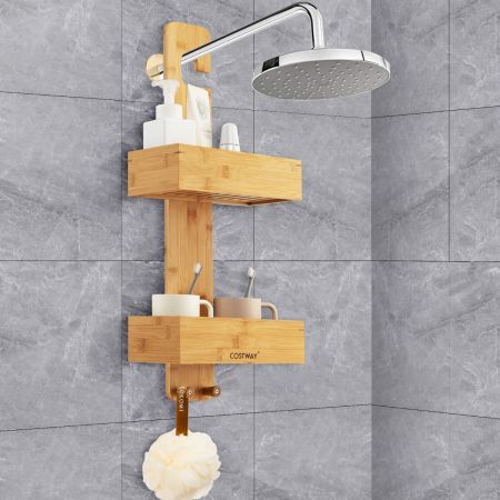 2-Tier Waterproof Bamboo Hanging Shower Caddy with 2 Hooks