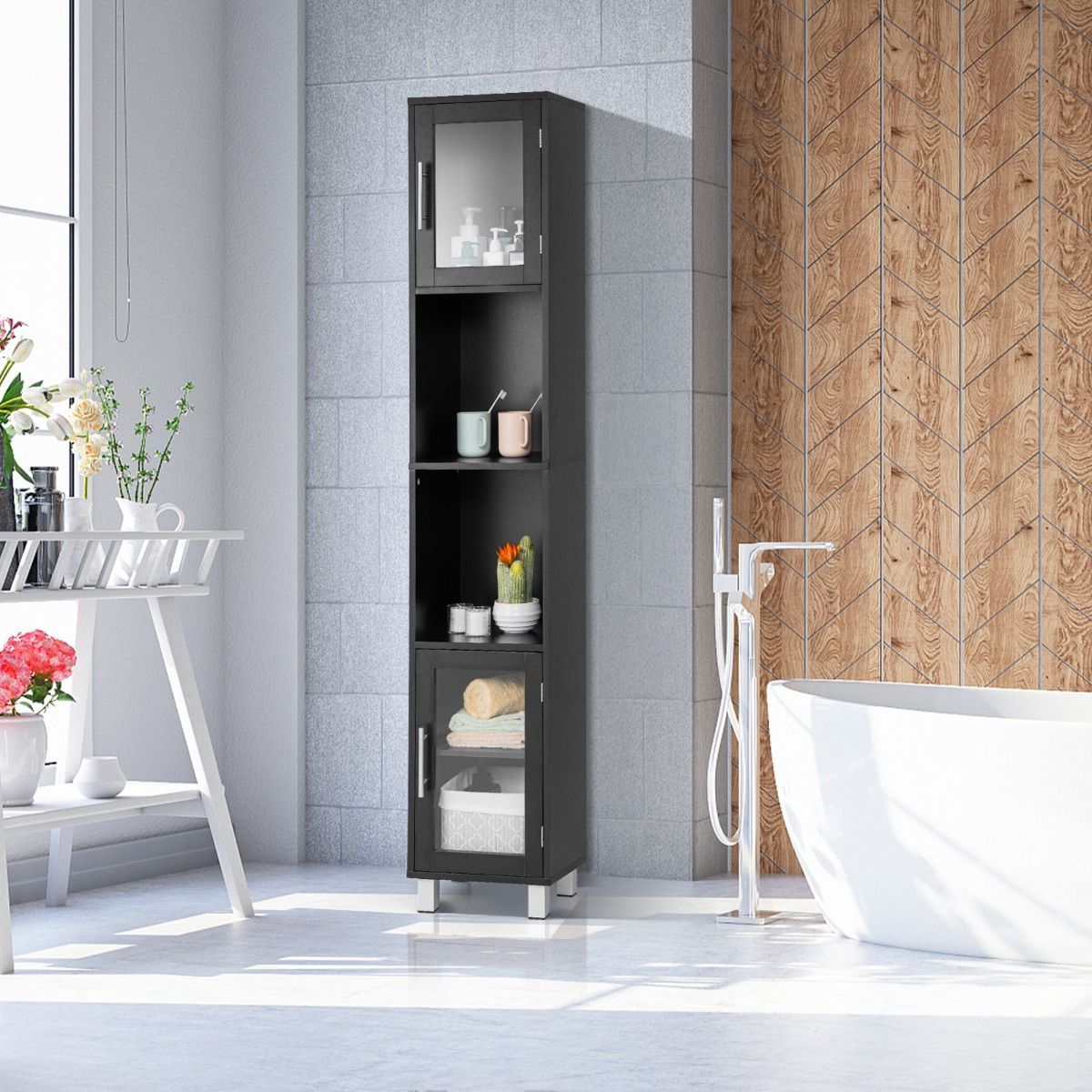 Tall Bathroom Storage Cabinet with 2 Open Shelves & 1 Adjustable Shelf