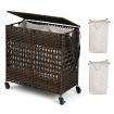 110L Rolling Synthetic Rattan Laundry Hamper with Lid & 2 Removable Liner Bags