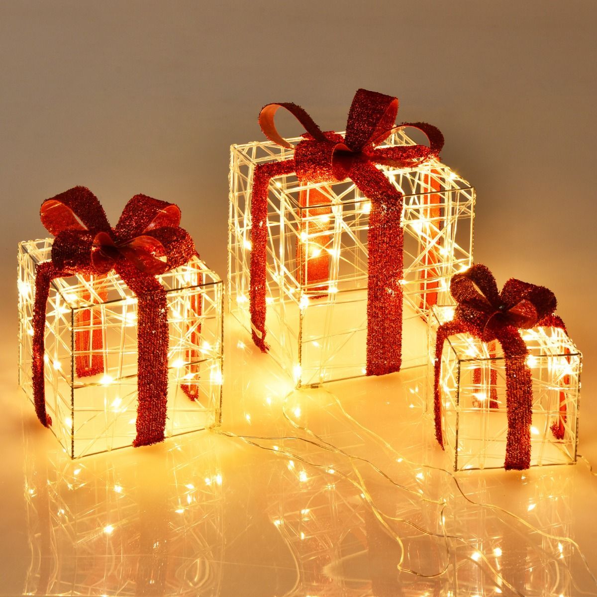 Set of 3 Christmas Lighted Gift Boxes with Waterproof Plug