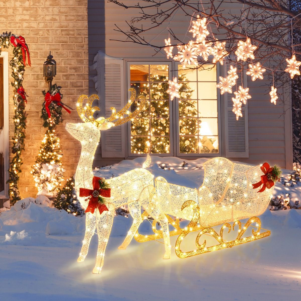 Pre-lit Christmas Reindeer and Santa's Sleigh with 215 Bulbs