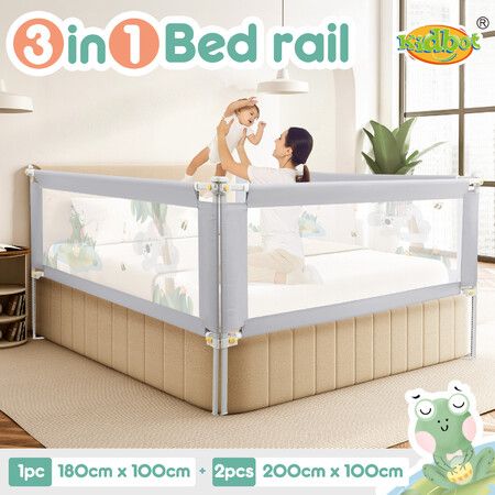 3Pcs Kids Bed Rail Bedrail King Adjustable Side Safety Guard Toddler Child Cot Fence Barrier Baby Fall Protection Security Mesh Frog Design