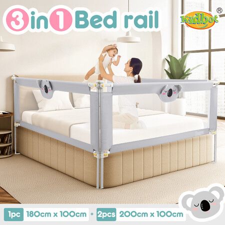 Toddler Bed Rail King Side Bedrail Folding Safety Guard Baby Child Cot Fence Barrier Fall Protection 3Pcs 100cm Height Adjustable Koala Design