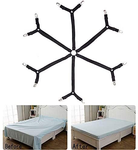 6 Sides Bed Sheet Clips Fasteners Adjustable Elastic Sheet Straps Holder for 1.5-2.5M Size Bed Sheet (Black)