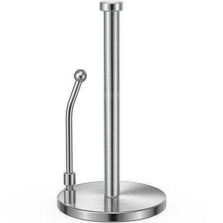 Paper Towel Holder for One Hand Tear,Paper Towel Dispenser Standing Weighted Base Non Slip,Spring Arm Fit Most Size Paper Roll,Stainless Steel Paper Towel for Kitchen Countertop,Silver