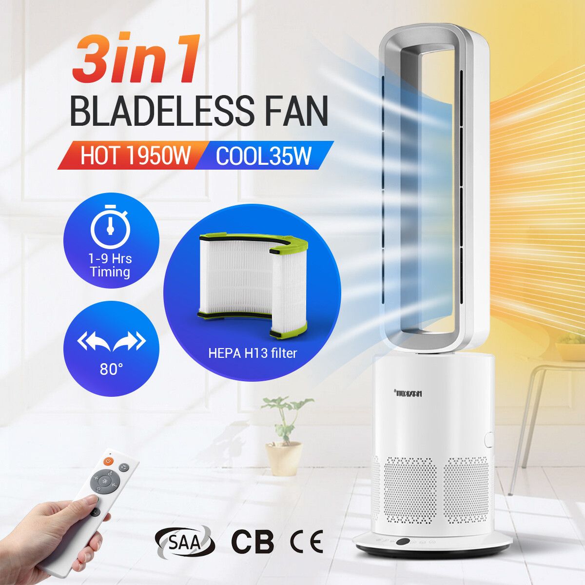 3 In 1 Bladeless Fan Heater Electric Tower Cool Air Hot HEPA Filter Purifier Remote Touch 9H Timer 80 Degree Oscillating LED Office Bedroom Floor Standing