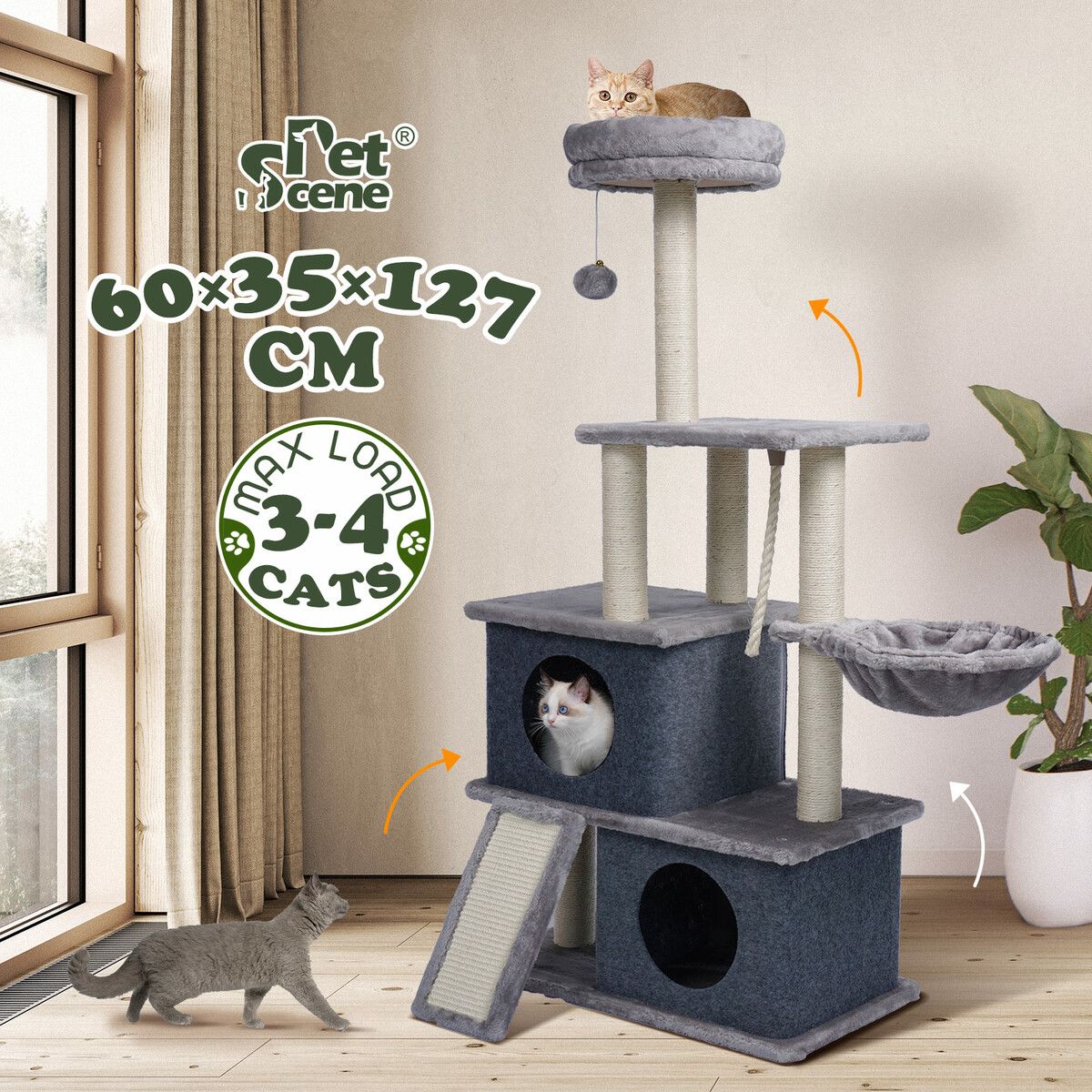 127cm Cat Tree Tower Scratching Post Bed Sisal Scratcher Furniture House Cave Condos Climbing Stand Gym Hammock Ramp