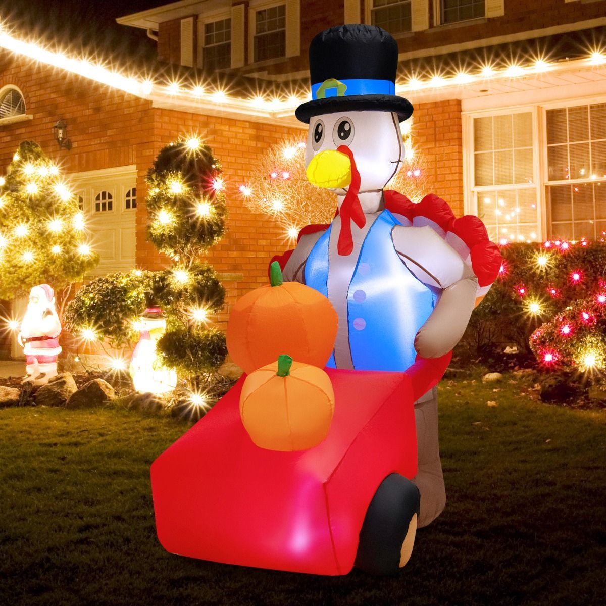 180 CM Thanksgiving Inflatable Turkey Pushing Pumpkin Cart for Lawn