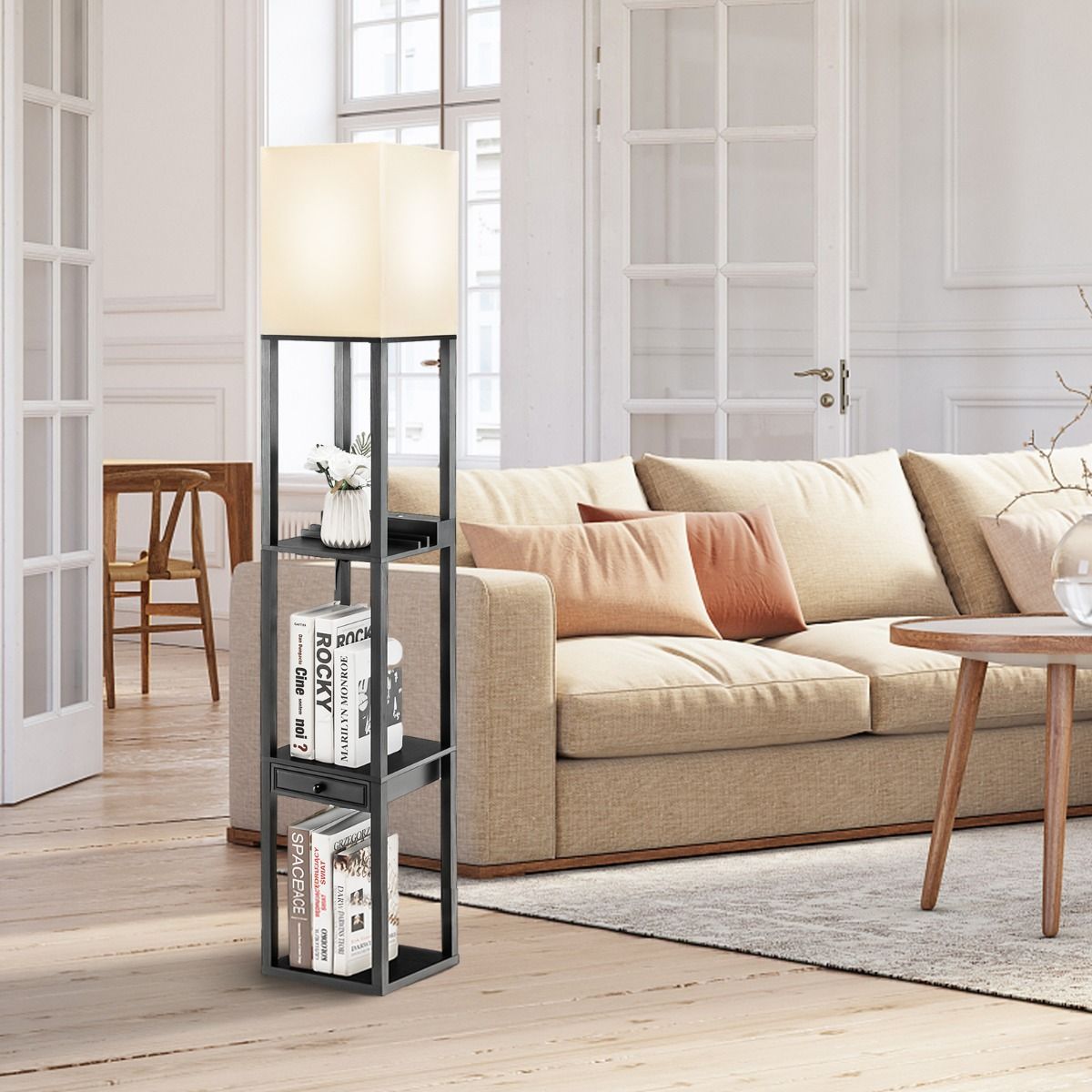 Modern Shelf Floor Lamp with 1 Drawer & 1 USB Port