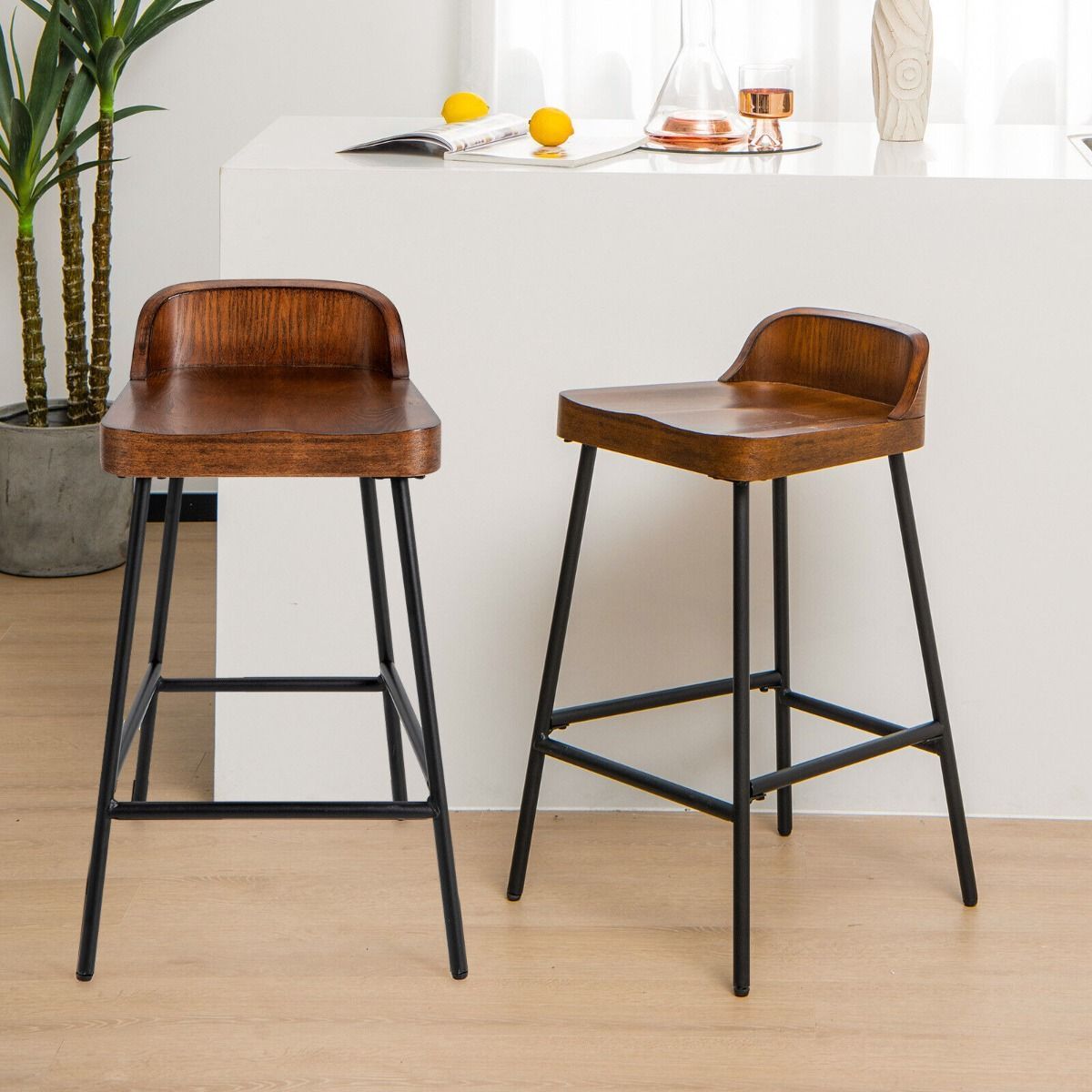 Low-Back Bar Stool with Backrest Footrest and Saddle Seat for Kitchen Pub