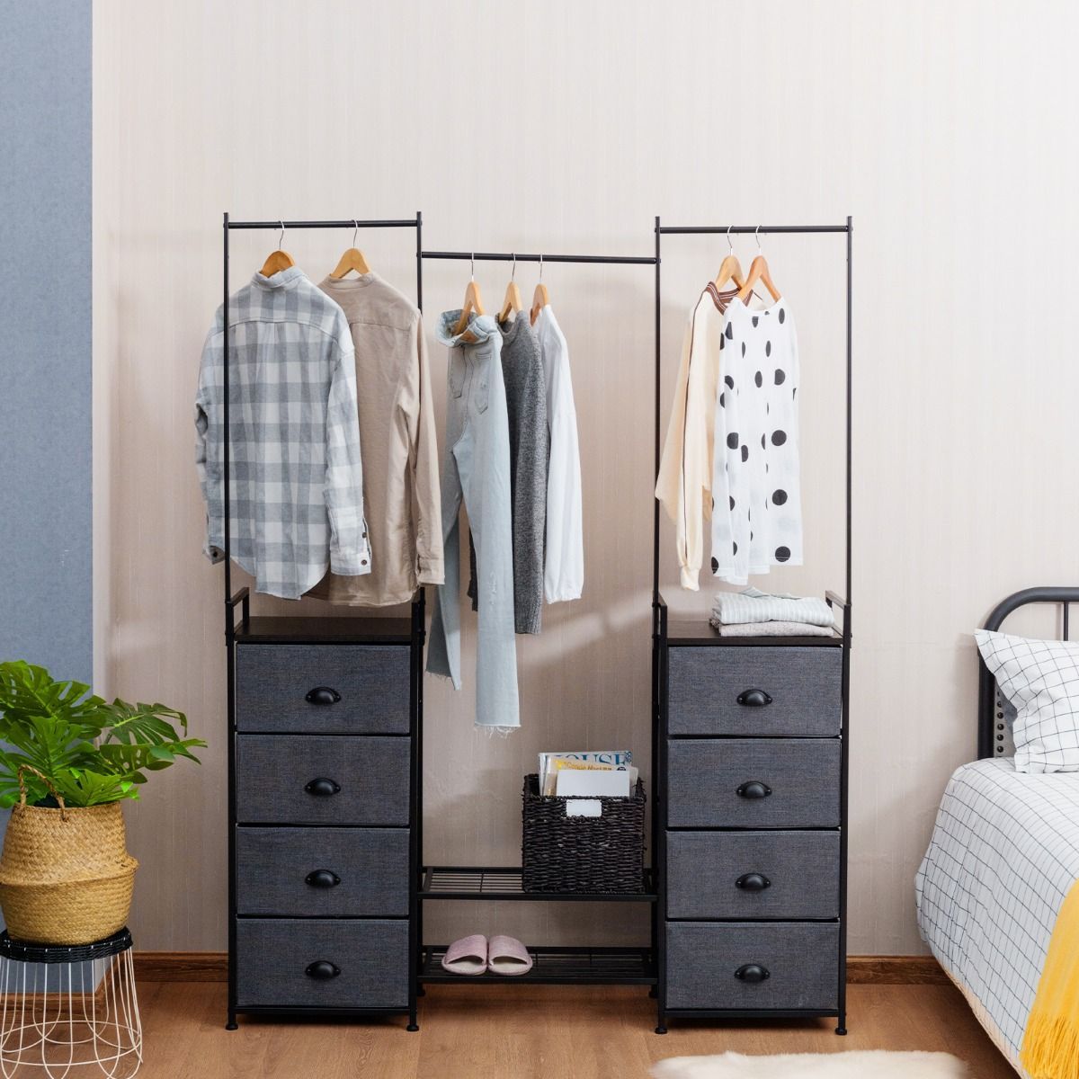 Fabric Drawer Dresser with Clothes Rail Shoe Rack