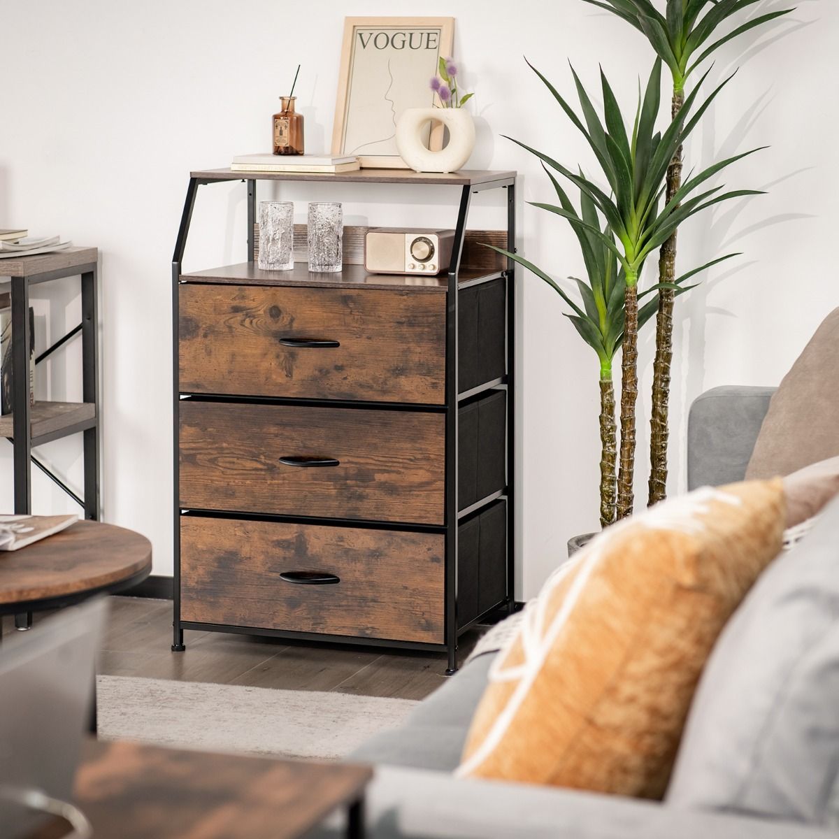 3 Chest of Drawers with Top Shelf & Metal Frame