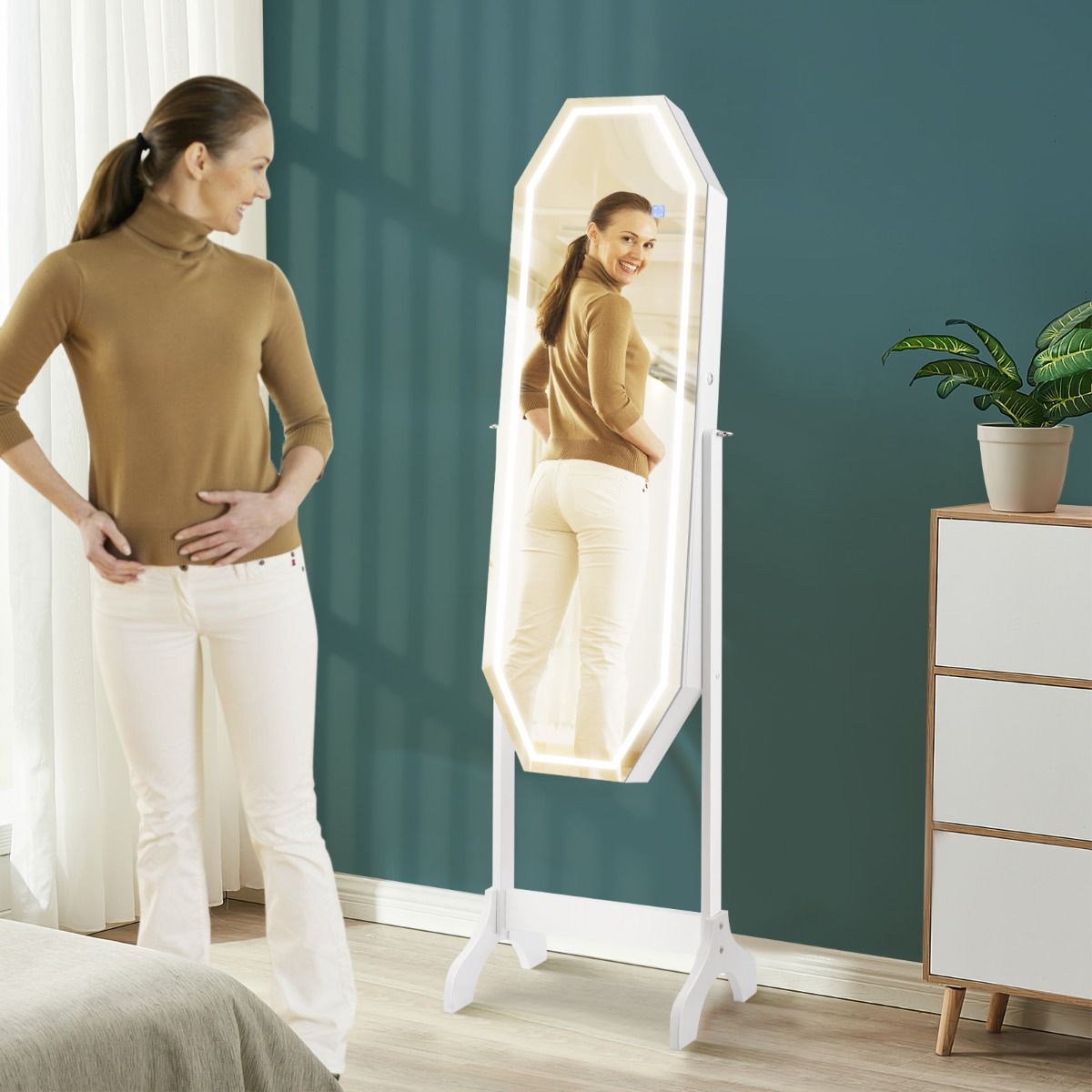 Jewellery Armoire with Full-Length LED Mirror for Bedroom