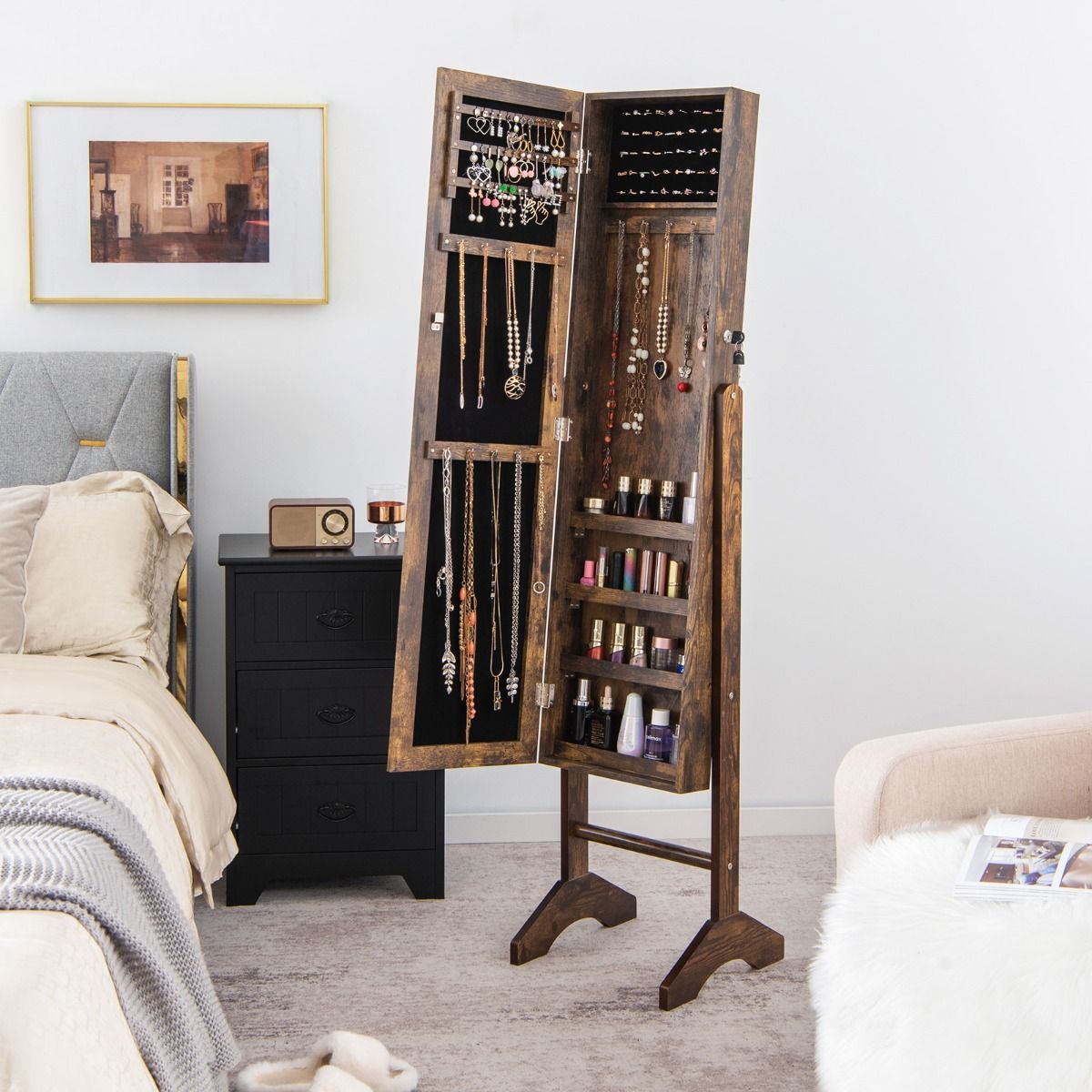 Standing Jewelry Cabinet with Full Length Mirror & Hooks & Shelves